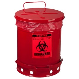 bote justrite de acero rojo capacidad de 10 galones c/tapa p/residuos biologicos peligrosos